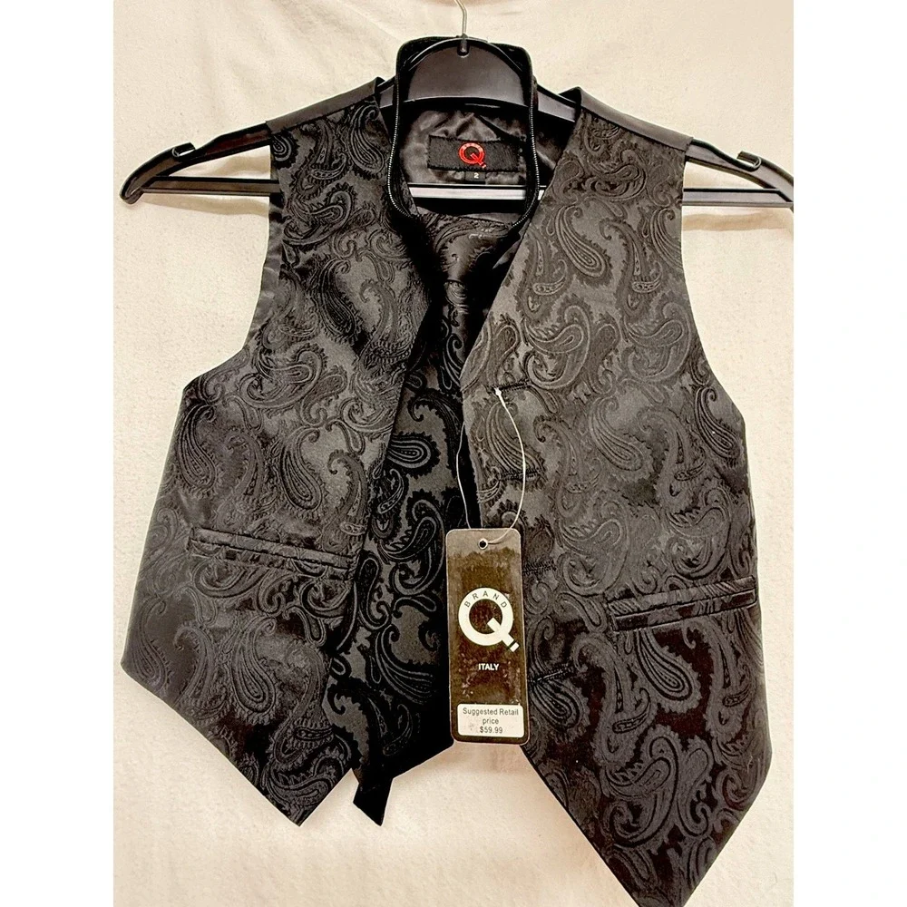 Toddler Boys Q Brand Formal Vest And Tie Size 2 Black Paisley